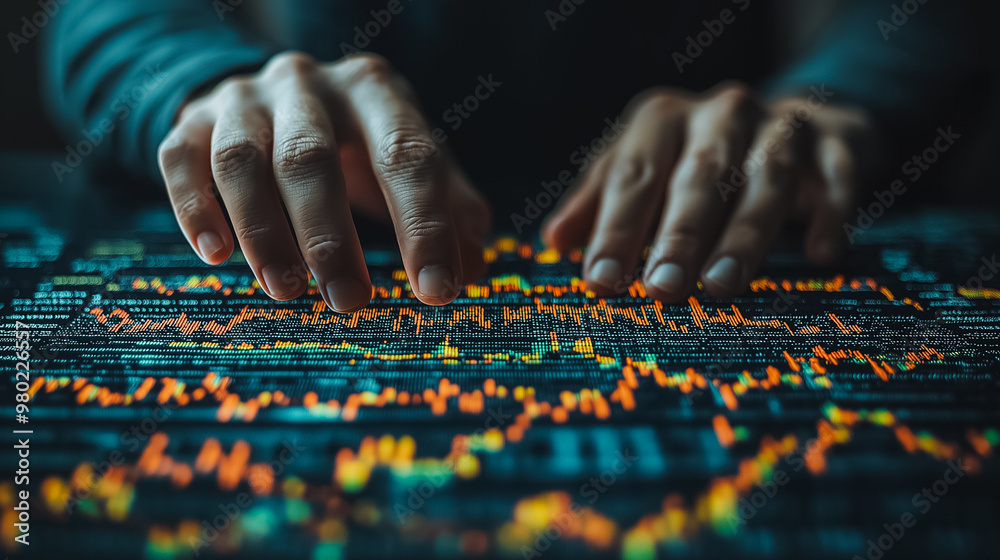 Poster a person is typing on a computer keyboard with a screen displaying a graph. concept of someone worki