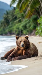 Obraz premium Brown bear relaxing on a sandy beach with tropical foliage and ocean waves.