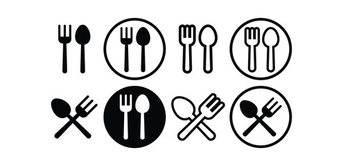 set of spoon and fork food restaurant icon symbol vector design black white color simple flat illustration isolated
