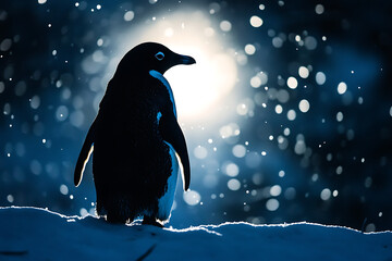 Naklejka premium A silhouette of a penguin against a snowy backdrop with soft glowing light.