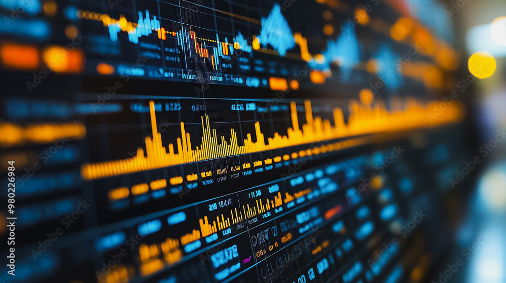 Poster a computer screen shows a graph of stock prices. the graph is filled with orange and blue lines, wit
