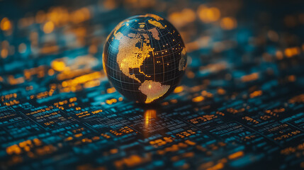 A globe is on a computer screen with a lot of numbers and letters. The globe is surrounded by a lot of data and it looks like it's floating on top of the screen