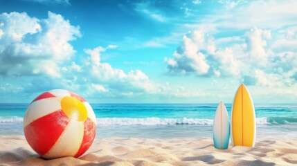 Obraz premium Bright and colorful summer holiday background with a beach ball, surfboards, and the ocean in the background