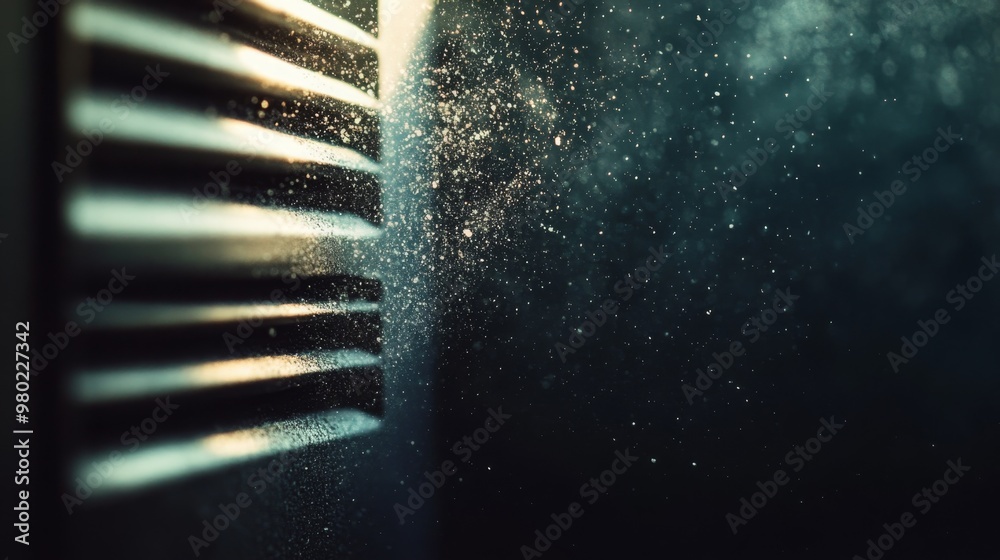 Aufkleber Sunlight filters through a vent, revealing swirling dust particles floating in the air of a darkened room, creating a tranquil and almost magical atmosphere during the late afternoon hours.
