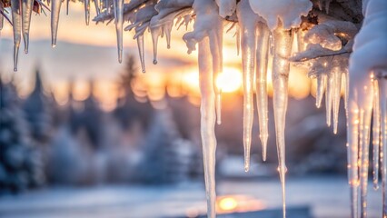 Winter card with icicles on the background of evening sunset.Christmas or New Year background for decorating winter themes and seasonal greetings.