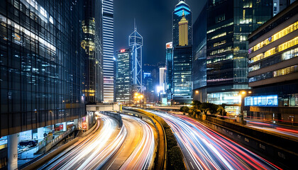 Fototapeta premium A bustling city at night, with skyscrapers illuminated and traffic creating streaks of light