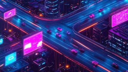 Obraz premium A sky-high futuristic highway with hover cars, massive urban sprawl below, holographic billboards, illuminated by purple and blue neon lights, cyberpunk, isometric view