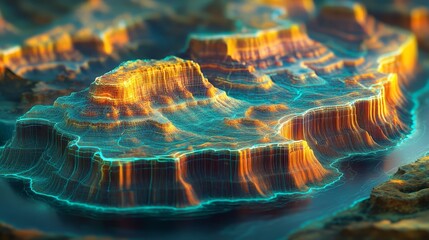 A futuristic aerial scan of the Grand Canyon, holographic overlays highlighting geological layers, the Colorado River rendered in glowing digital lines, Sci-fi, 3D, Hologram