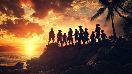 A group of pirates on an adventure, exploring a treasure island, perfect for stock images representing action, adventure, or storytelling