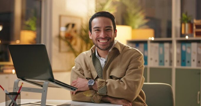 Night, Asian man or face in office with laptop, finance or confident with smile. Accountant, happy or portrait at computer for bookkeeping, admin manager or pride at table for career growth in Taiwan