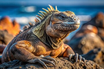 Obraz premium A majestic marine iguana basks in the warm sunlight on a rocky Galápagos Islands shoreline, its scaly body a mesmerizing mix of brown and grey tones.