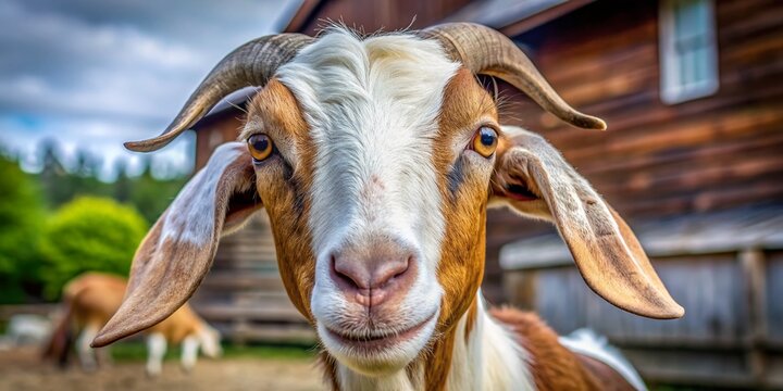Close-up capture of a majestic Boer goat's distinct facial features, with a shallow focus on the rustic farm background, highlighting the animal's raw beauty.