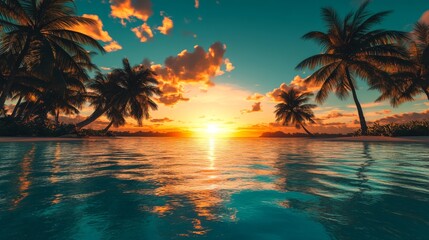 Dreamy travel wallpaper of a tropical paradise, turquoise waters, palm trees swaying under a golden sunset