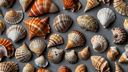Different seashells in color and shape on solid gray background