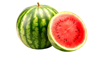 "Fresh Whole Watermelon Beside a Cut Half, Revealing Bright Flesh and Seeds"