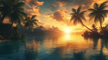 Dreamy travel wallpaper of a tropical paradise, turquoise waters, palm trees swaying under a golden sunset