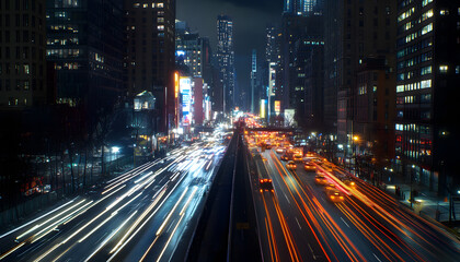 Fototapeta premium A bustling city at night, with skyscrapers illuminated and traffic creating streaks of light