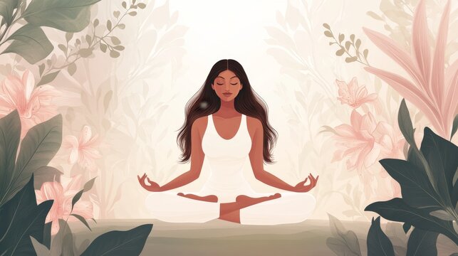 17. An elegant International Yoga Day greeting card with a vector illustration of a meditating woman, showcasing contemporary design and soft, calming colors