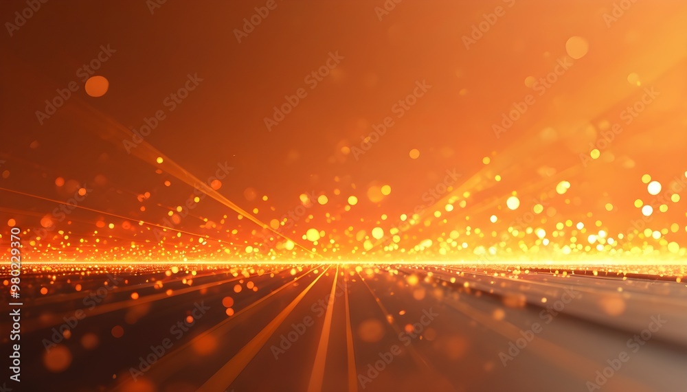 Wall mural radiant abstract orange horizon with extending lines and bokeh illumination