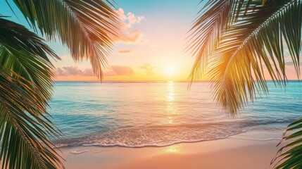 Fototapeta premium Exotic tropical travel background with palm trees framing a pristine beach, crystal-clear waters, and a setting sun