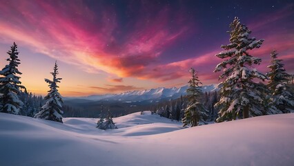 Beautiful landscape view of forest winter with pink colored clouds, pine trees covered in snow