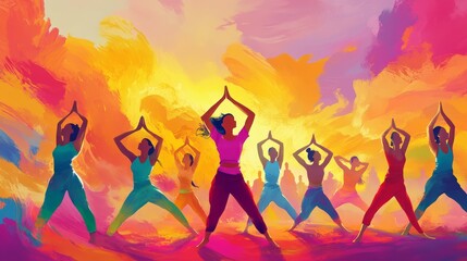 23. A vibrant illustration of people practicing yoga poses and meditation, commemorating International Yoga Day on 21st June, with an array of colors and expressive movements