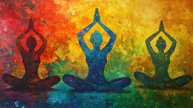 22. An artistic depiction of individuals engaging in various yoga asanas and meditation, marking International Yoga Day on 21st June, with a lively and colorful design