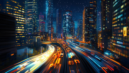 Naklejka premium A bustling city at night, with skyscrapers illuminated and traffic creating streaks of light