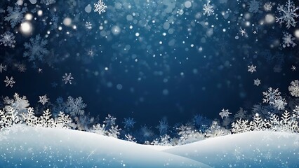 Winter theme illustration, snowy view on blue background, little detailed snowflakes, New Year, Christmas and December