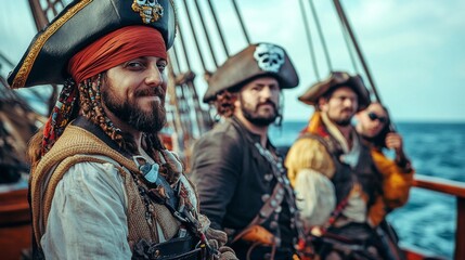 A pirate crew gathered on a ships deck, dressed in various pirate costumes, with the sea in the background, ideal for stock imagery with adventure themes