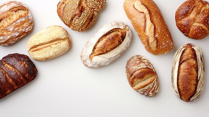 A row of different types of bread on a white background