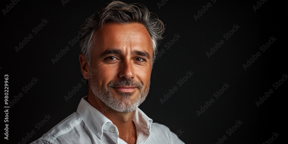 Wall mural A confident mature man smiles against a dark background. His gray hair and stylish look reflect modern trends. This portrait captures professionalism and approachability. AI