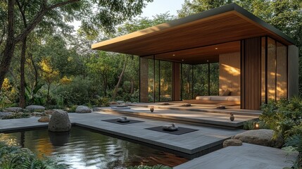 Fototapeta premium Modern Wooden Pavilion with a Pond and a Stone Path