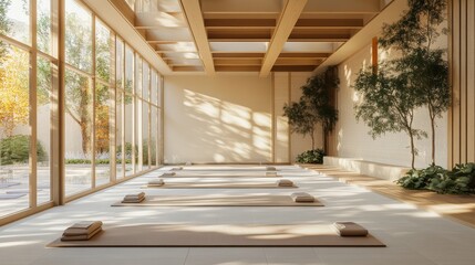 35. A bright and serene yoga studio with an abundance of natural light, yoga mats and towels arranged meticulously, offering a tranquil indoor setting and ample copy space