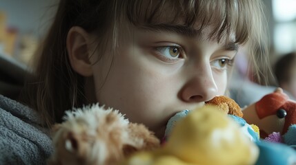 Naklejka premium Child contemplating with soft toys - exploring themes of compulsion and comfort for emotional expression