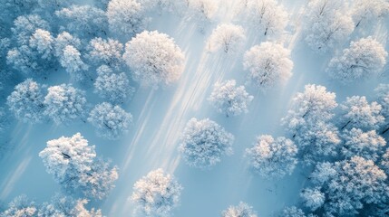 Aerial view of a frozen forest, snow-covered trees casting long shadows in the pale winter sun, minimalistic style, soft blue and white tones, photography, serene atmosphere