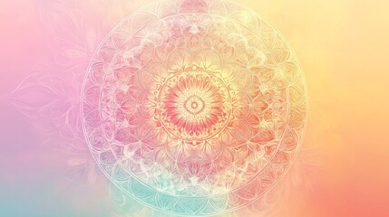 54. A beautifully crafted round mandala with intricate floral designs on a pastel gradient background, highlighting a translucent mesh pattern for a serene yoga template