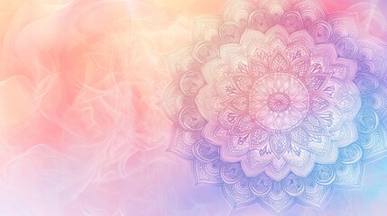 54. A beautifully crafted round mandala with intricate floral designs on a pastel gradient background, highlighting a translucent mesh pattern for a serene yoga template