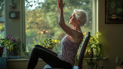 68. A senior woman performing a yoga pose on a chair at home, showcasing her flexibility and dedication to maintaining health and wellness in a familiar environment