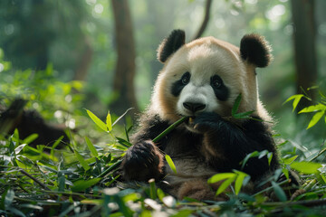 Obraz premium Pandas eat bamboo in the bamboo forest