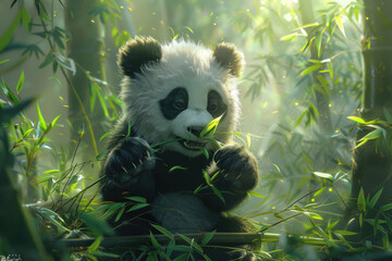 Obraz premium Pandas eat bamboo in the bamboo forest