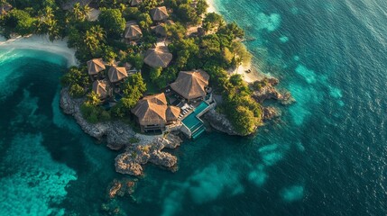 Bird's eye view of an opulent resort island, surrounded by glowing turquoise lagoons, thatched-roof villas over the water, pristine coastlines wrapping the island