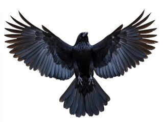 Fototapeta premium Black raven with spread wings, isolated on a clean white background