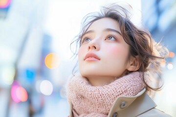 冬の朝、空を見上げる通勤途中の若いビジネス女性