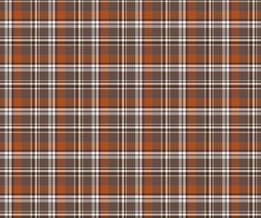 Plaid fabric pattern, orange, brown, white, striking seamless pattern for textiles, and for designing clothes, skirts, pants or decorative fabrics. Vector illustration.