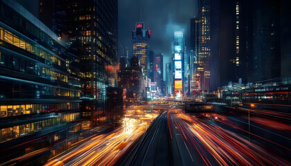 Obraz premium A bustling city at night, with skyscrapers illuminated and traffic creating streaks of light