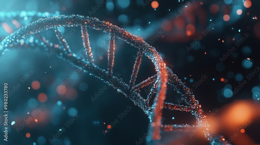 Aufkleber A close-up shot of a double helix DNA strand, rendered with a three-dimensional effect. The DNA is positioned in the center of the frame, with a bright light source behind it