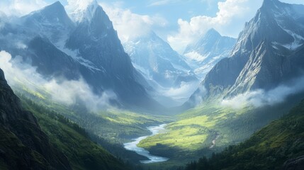 Mountain travel scenery with peaks towering over a valley, mist rolling over the slopes, and a river cutting through