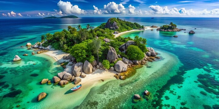 Aerial view of Kelayang Island's pristine turquoise waters, powdery white sand beaches, and lush green forests, captured by a drone in Belitung, Indonesia.