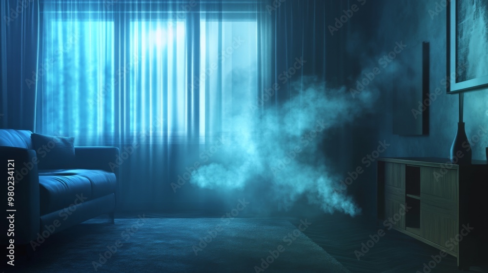 Aufkleber a dimly lit living room features a blue haze lingering near a window, with curtains drawn and shadow